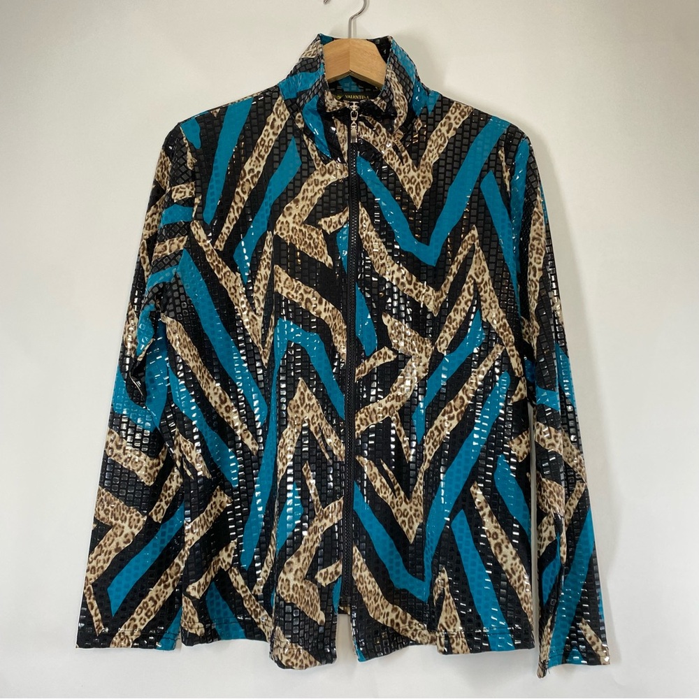 Valentina Womens Leopard Geometric Funky Abstract Full Zip Jacket Size M Teal